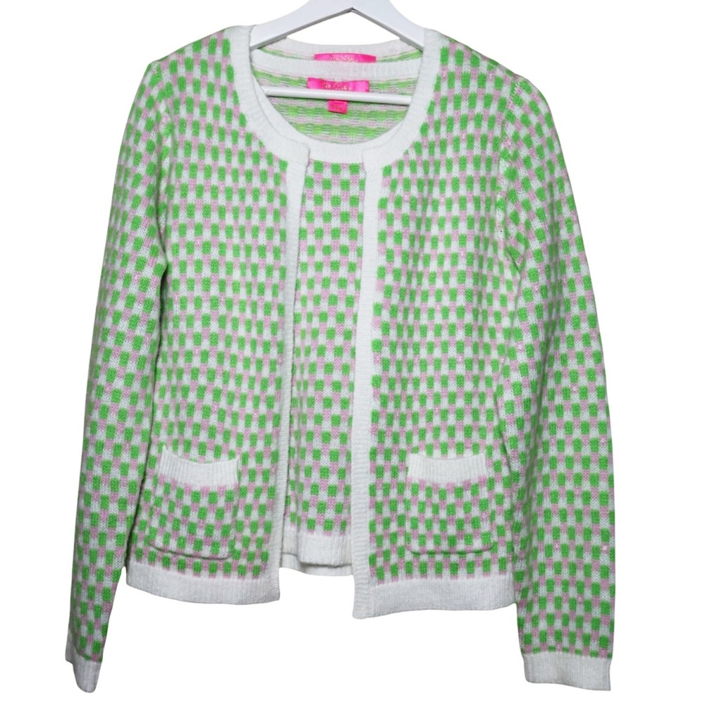 LILLY PULITZER Viera Sweater Set Orb Green Check Jacquard Size Medium